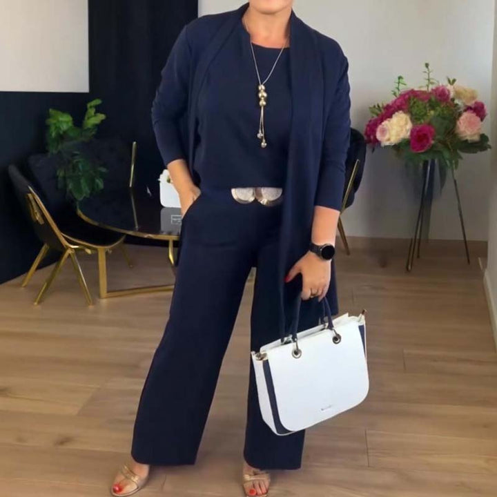 Elegant 3-piece set including long cardigan, top and pants