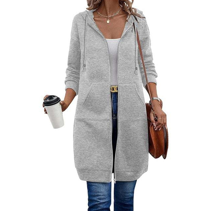 Kia | Mid-Length Hooded Zip-Up Sweatshirt Cardigan with Pockets