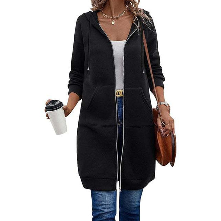 Kia | Mid-Length Hooded Zip-Up Sweatshirt Cardigan with Pockets