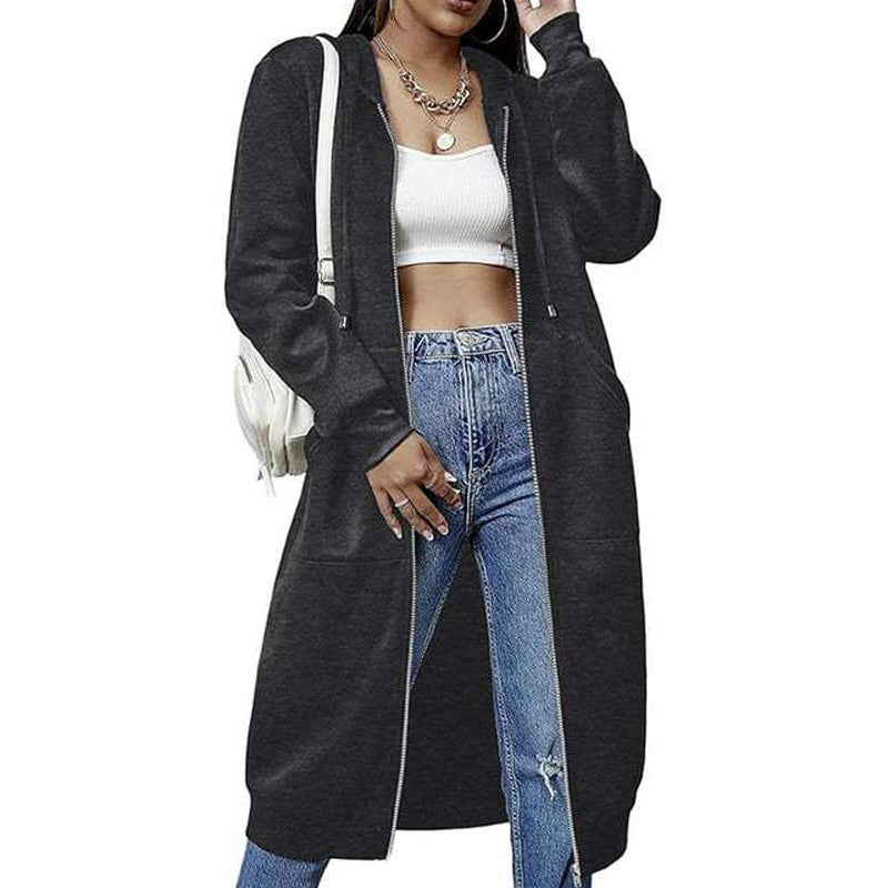 Kia | Mid-Length Hooded Zip-Up Sweatshirt Cardigan with Pockets