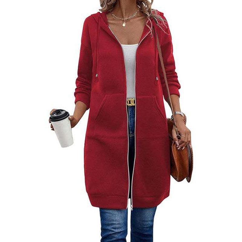 Kia | Mid-Length Hooded Zip-Up Sweatshirt Cardigan with Pockets