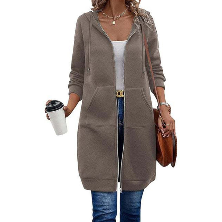 Kia | Mid-Length Hooded Zip-Up Sweatshirt Cardigan with Pockets