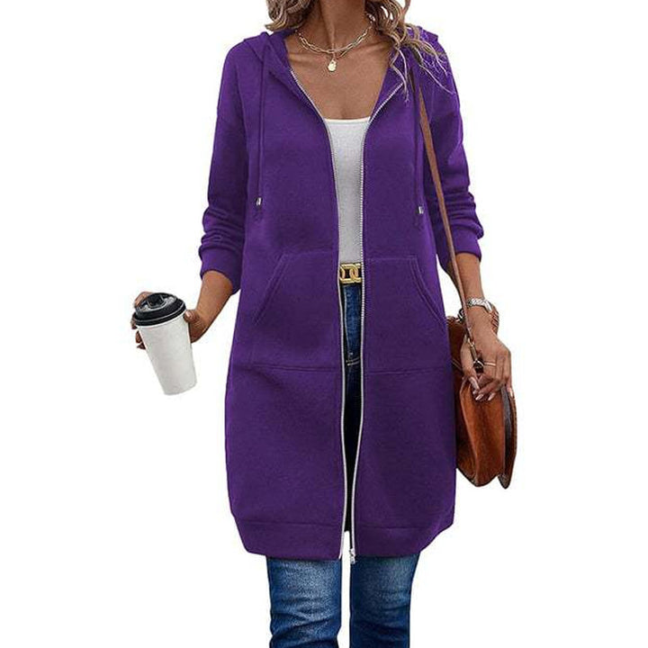 Kia | Mid-Length Hooded Zip-Up Sweatshirt Cardigan with Pockets