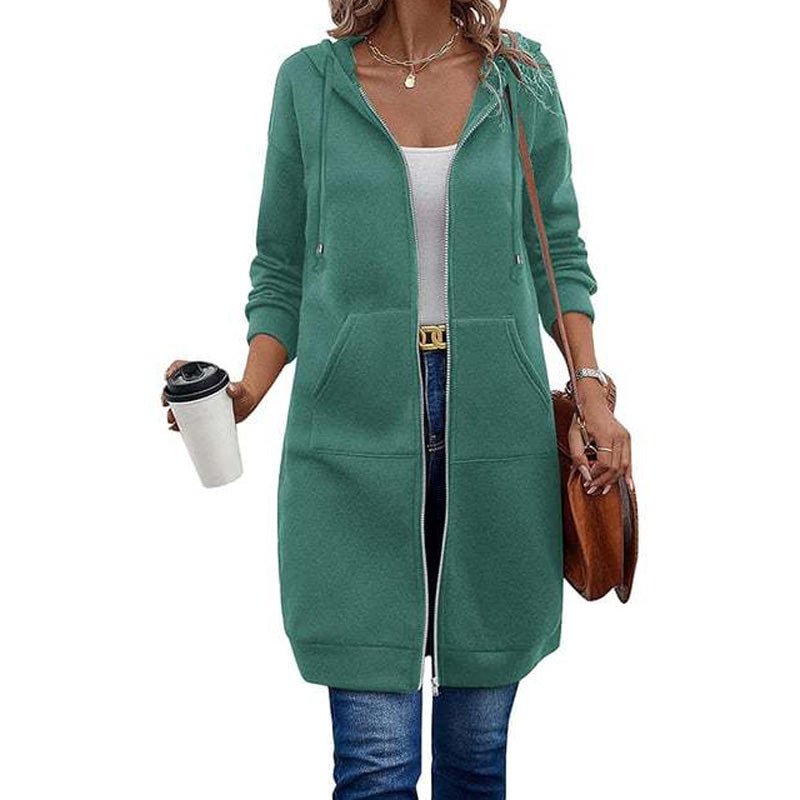 Kia | Mid-Length Hooded Zip-Up Sweatshirt Cardigan with Pockets