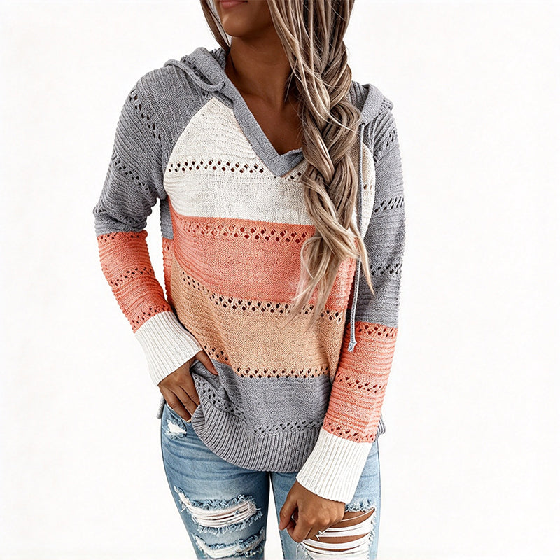 Carla | Colour-Block Hollow-Out Knit Hoodie