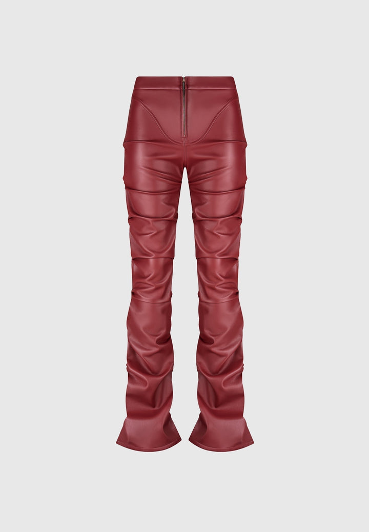 Caroline - Tacked Leather Flared Trousers - Wine Red