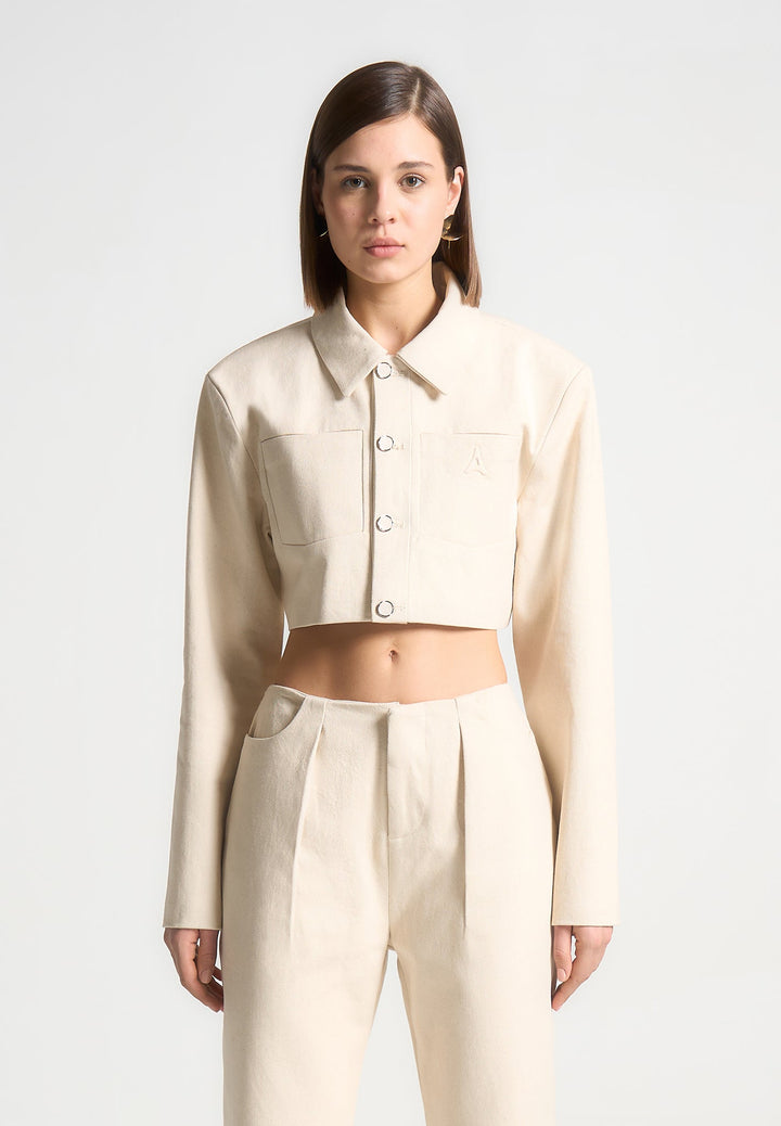 Wide Shoulder Cropped Denim Jacket - Cream
