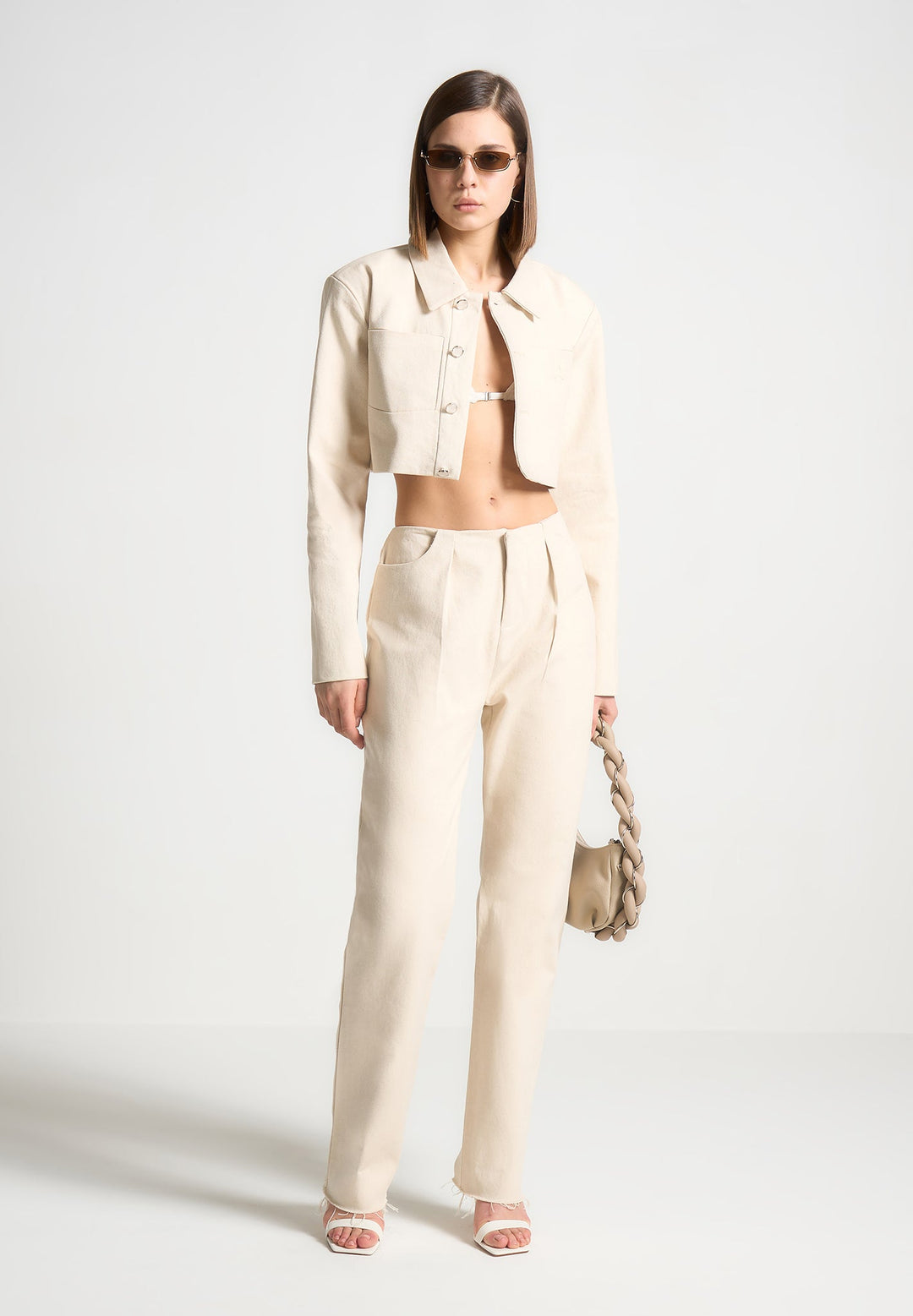 Wide Shoulder Cropped Denim Jacket - Cream