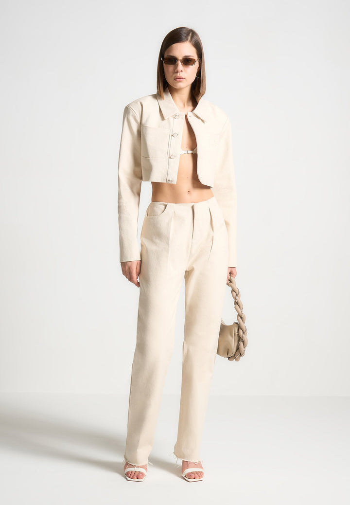 Pleated Mid Rise Straight Leg Jeans - Cream
