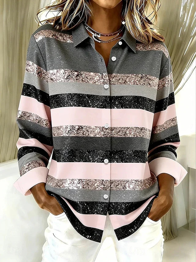 Christa™ | Casual Horizontal Stripe Button Blouse